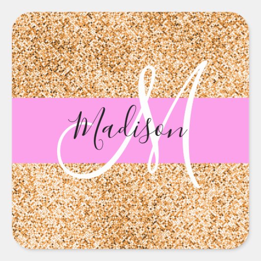 Glam Roze & Koper Glitter Vonken Monogram Naam Vierkante Sticker (Voorkant)