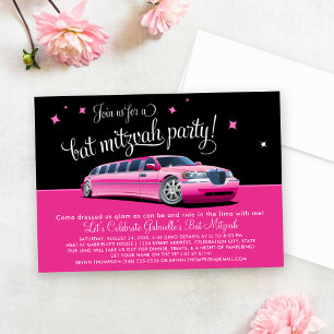 Glam Roze Limo Bat Mitzvah Feest Kaart