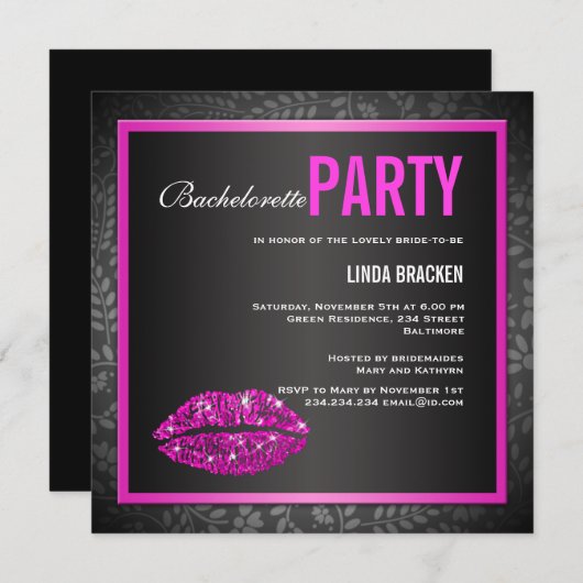 Glam Roze Lips Black Bachelorette Invitation Kaart (Voorkant / Achterkant)