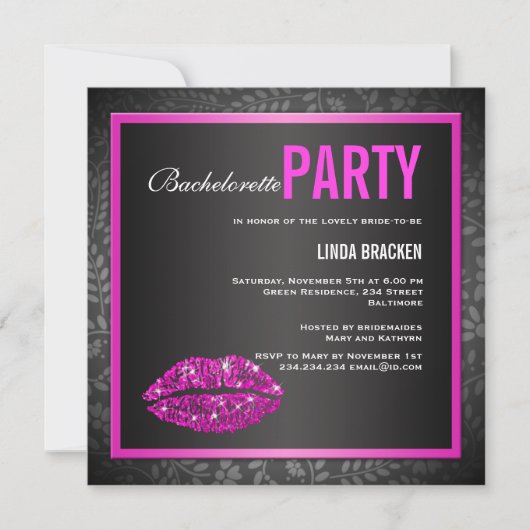 Glam Roze Lips Black Bachelorette Invitation Kaart (Voorkant)