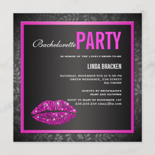 Glam Roze Lips Black Bachelorette Invitation Kaart