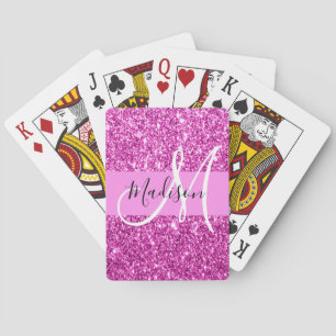 Glam Roze & Magenta Glitter Glans Monogram Naam Pokerkaarten
