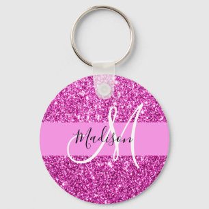 Glam Roze & Magenta Glitter Glans Monogram Naam Sleutelhanger