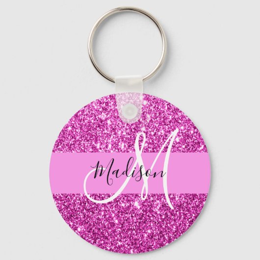 Glam Roze & Magenta Glitter Glans Monogram Naam Sleutelhanger (Voorkant)