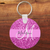 Glam Roze & Magenta Glitter Glans Monogram Naam Sleutelhanger (Voorkant)