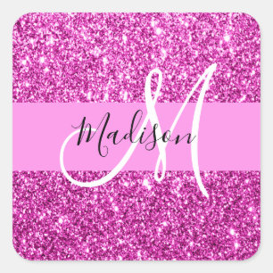 Glam Roze & Magenta Glitter Glans Monogram Naam Vierkante Sticker