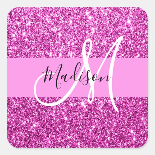 Glam Roze & Magenta Glitter Glans Monogram Naam Vierkante Sticker (Voorkant)
