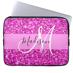 Glam roze & magenta glitters glans monogram naam laptop sleeve