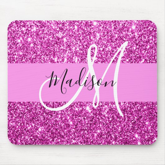 Glam roze & magenta glitters glans monogram naam muismat (Voorkant)