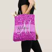 Glam roze & magenta glitters glans monogram naam tote bag (Dichtbij)