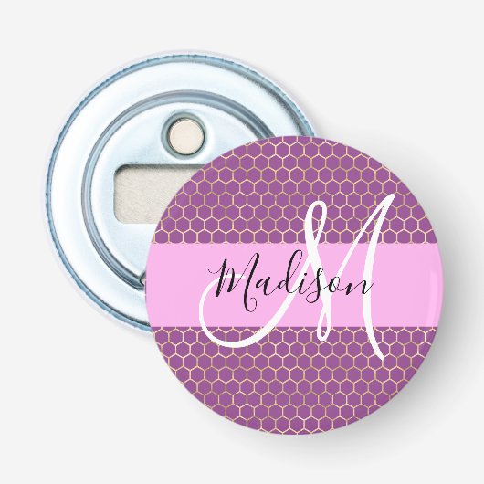 Glam Roze Metaalroze Honingraat Monogram Naam Button Flesopener (Voorkant)