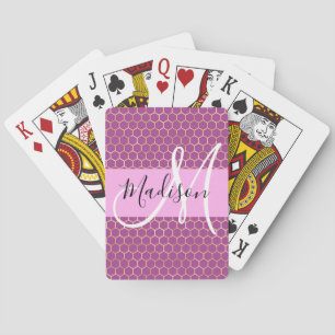 Glam Roze Metaalroze Honingraat Monogram Naam Pokerkaarten