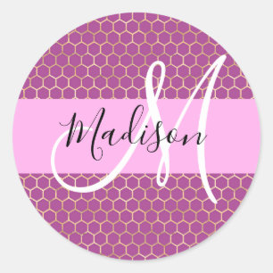 Glam Roze Metaalroze Honingraat Monogram Naam Ronde Sticker