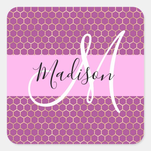 Glam Roze Metaalroze Honingraat Monogram Naam Vierkante Sticker (Voorkant)