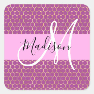 Glam Roze Metaalroze Honingraat Monogram Naam Vierkante Sticker