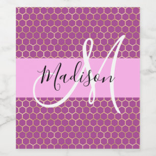 Glam Roze Metaalroze Honingraat Monogram Naam Wijn Etiket