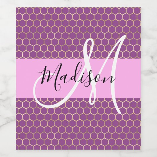 Glam Roze Metaalroze Honingraat Monogram Naam Wijn Etiket (Enkel label)