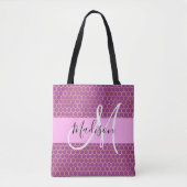 Glam Roze Metaalroze Honingraat Monogramnaam Tote Bag (Voorkant)