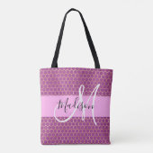 Glam Roze Metaalroze Honingraat Monogramnaam Tote Bag (Achterkant)