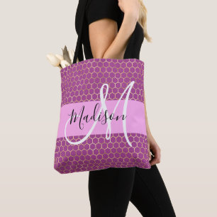Glam Roze Metaalroze Honingraat Monogramnaam Tote Bag