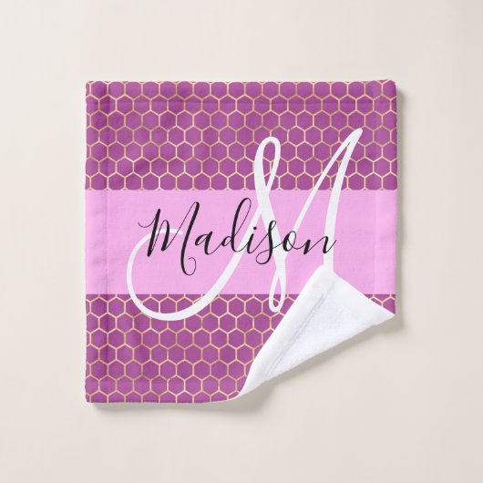 Glam Roze Metaalroze Honingraat Monogramnaam Washandje (Wasdoekje)