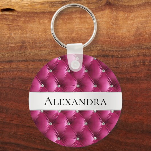Glam roze namaak fluweel luxe naam sleutelhanger (Voorkant)