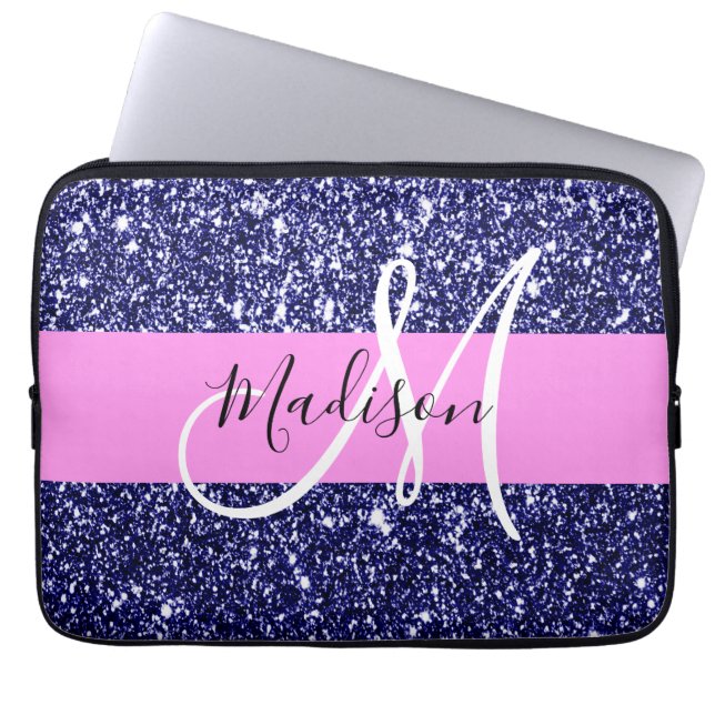 Glam Roze Navy Blauwe Glitters Glans Naam Monogram Laptop Sleeve (Voorkant)
