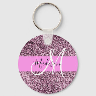 Glam Roze & Paarse Glitter Glans Monogram Naam Sleutelhanger