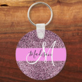 Glam Roze & Paarse Glitter Glans Monogram Naam Sleutelhanger (Voorkant)