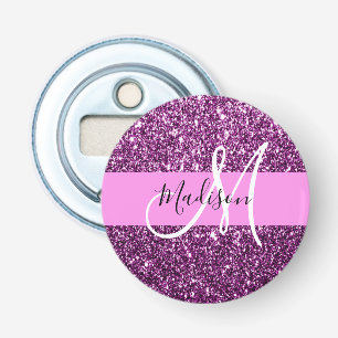 Glam roze & paarse glitter vonken monogram naam button flesopener
