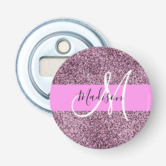 Glam roze & paarse glitter vonken monogram naam button flesopener (Voorkant)