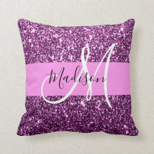 Glam roze & paarse glitterschittering monogram naa kussen