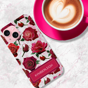 Glam Roze Paarse Rozen Marmer Monogram Naam iPhone 15 Case