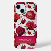 Glam Roze Paarse Rozen Marmer Monogram Naam Case-Mate iPhone Case (Achterkant)