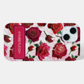 Glam Roze Paarse Rozen Marmer Monogram Naam Case-Mate iPhone Case (Achterkant (horizontaal))