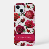 Glam Roze Paarse Rozen Marmer Monogram Naam iPhone 15 Case (Achterkant)