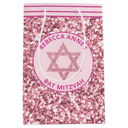 Glam Roze Partij Favorieten Of Cadeaus Bat Mitswa Medium Cadeauzakje (Voorkant)