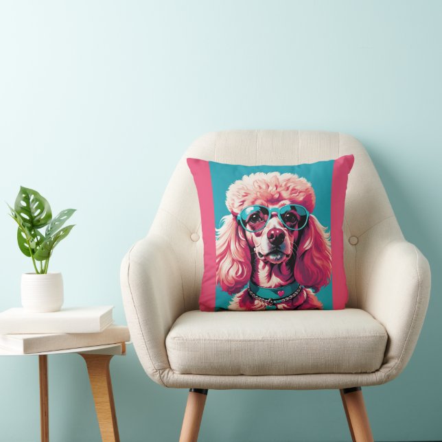 Glam Roze Poodle In Teal Zonnebril & Hart Callor Kussen (Stoel)