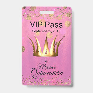 Glam Roze Quinceañera VIP-badge met gouden kroon Badge