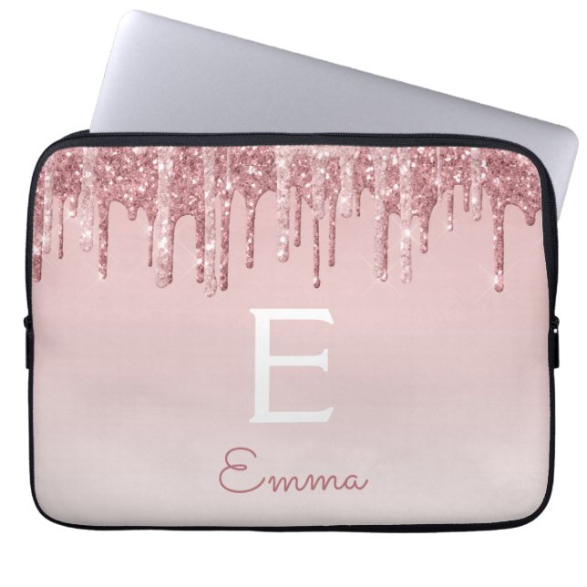 Glam Roze Rose Gold Glitter Drift Sparkle Monogram Laptop Sleeve (Voorkant)