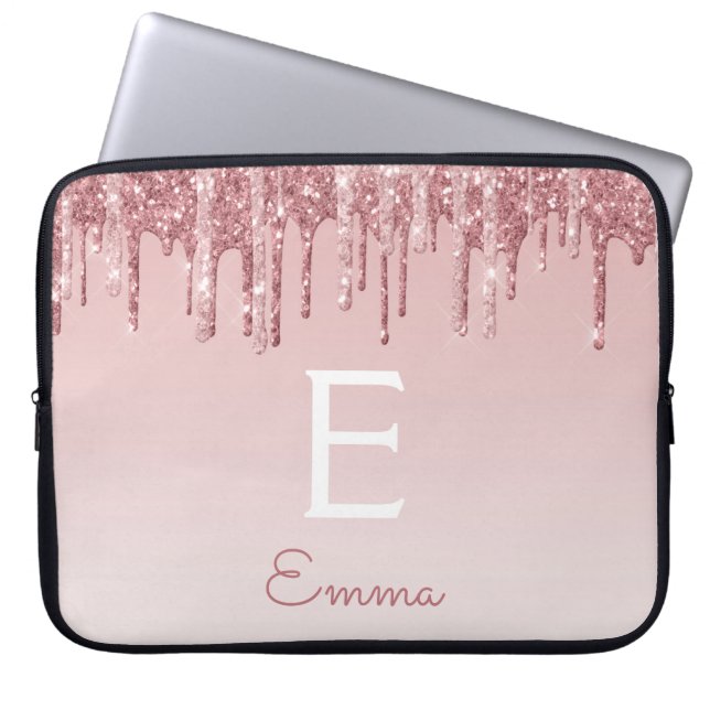 Glam Roze Rose Gold Glitter Drift Sparkle Monogram Laptop Sleeve (Voorkant)