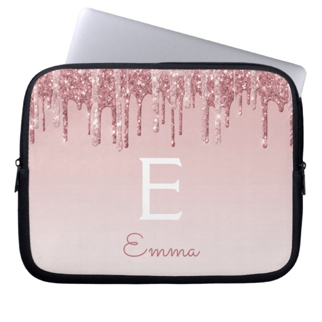 Glam Roze Rose Gold Glitter Drift Sparkle Monogram Laptop Sleeve (Voorkant)