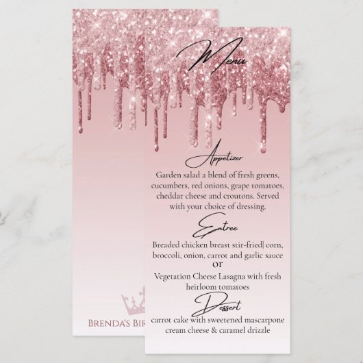 Glam Roze Rose Gold Glitter Drip Elegant Menu (Voorkant / Achterkant)