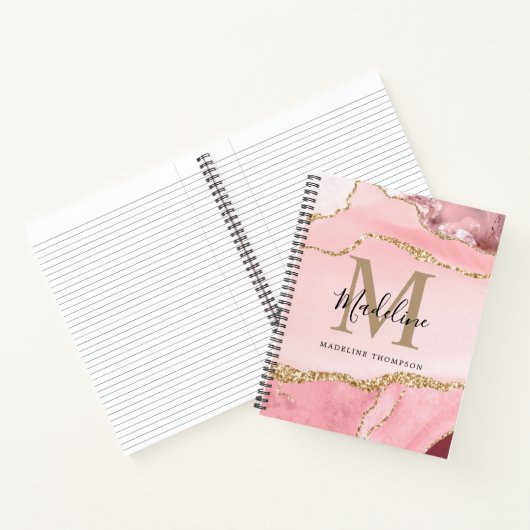 Glam Roze Roze Agat Geode Gouden Script Monogram Notitieboek (Binnen)