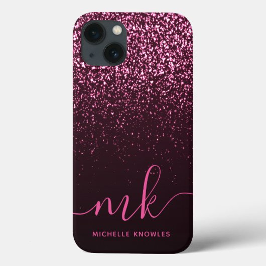Glam Roze Roze Glitter Modern Script Monogram Naam Case-Mate iPhone Case (Achterkant)