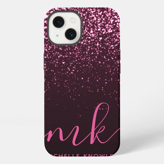 Glam Roze Roze Glitter Modern Script Monogram Naam iPhone Hoesje (Achterkant)