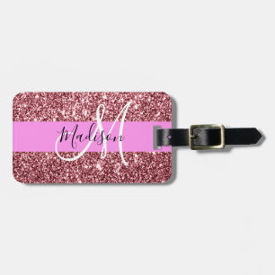 Glam Roze Roze Goud Glitter Glans Monogram Bagagelabel