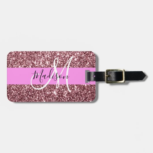 Glam Roze Roze Goud Glitter Glans Monogram Bagagelabel (Voorkant horizontaal)