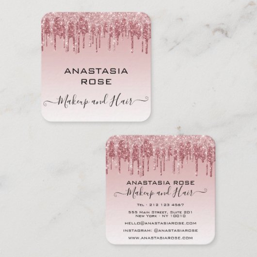 Glam roze roze roodbruine glitter druppelt artiest vierkante visitekaartje (Voorkant / Achterkant)