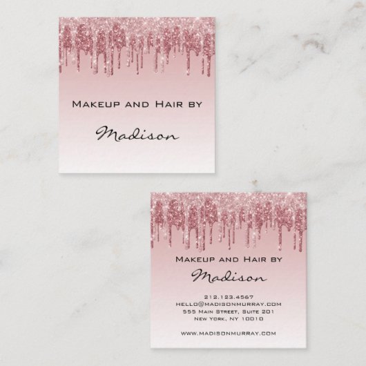 Glam roze roze roodbruine glitter druppelt artiest vierkante visitekaartje (Voorkant / Achterkant)